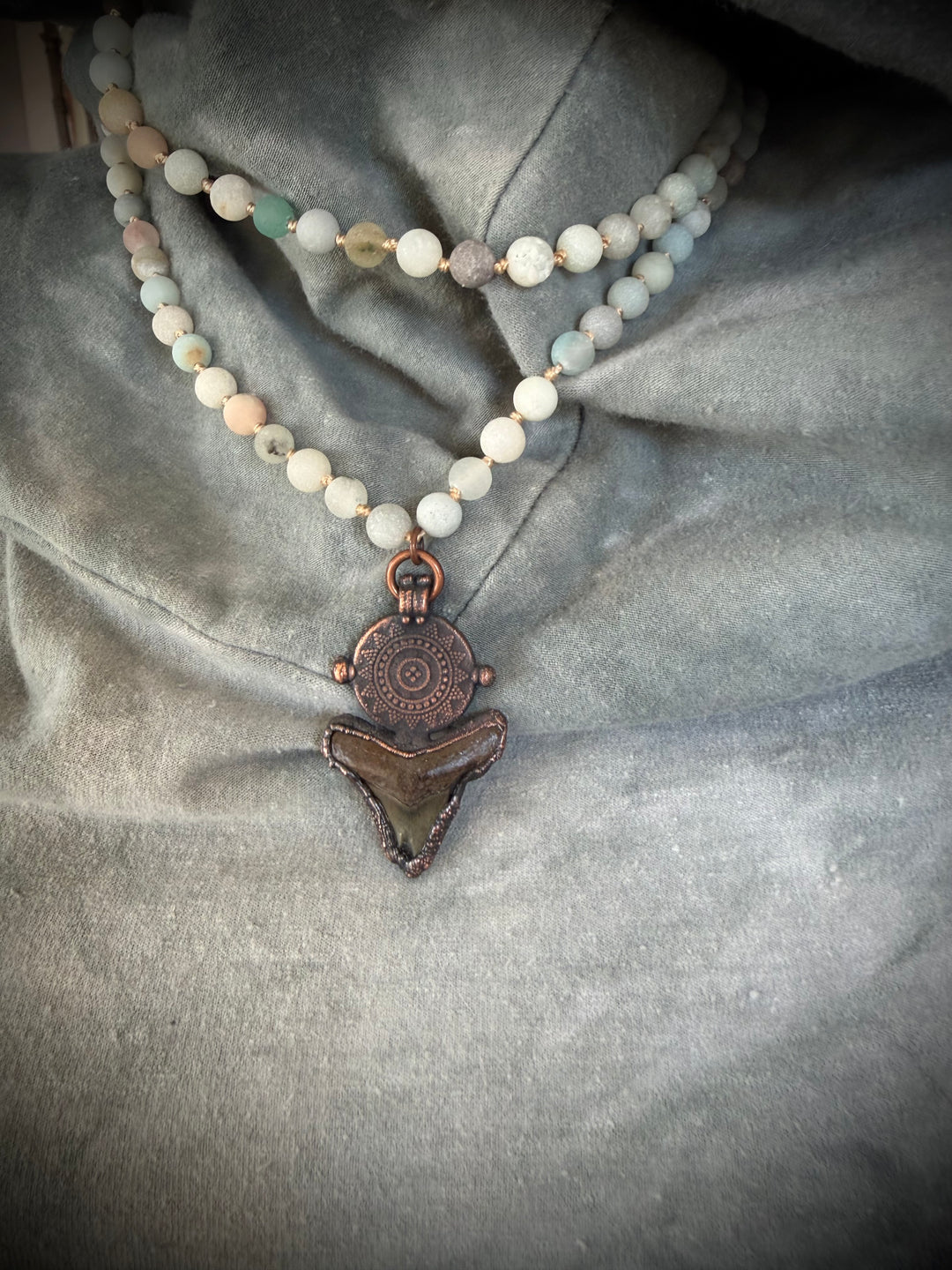 The Ancient Secrets Talisman // Fossilized Shark Tooth + Amazonite