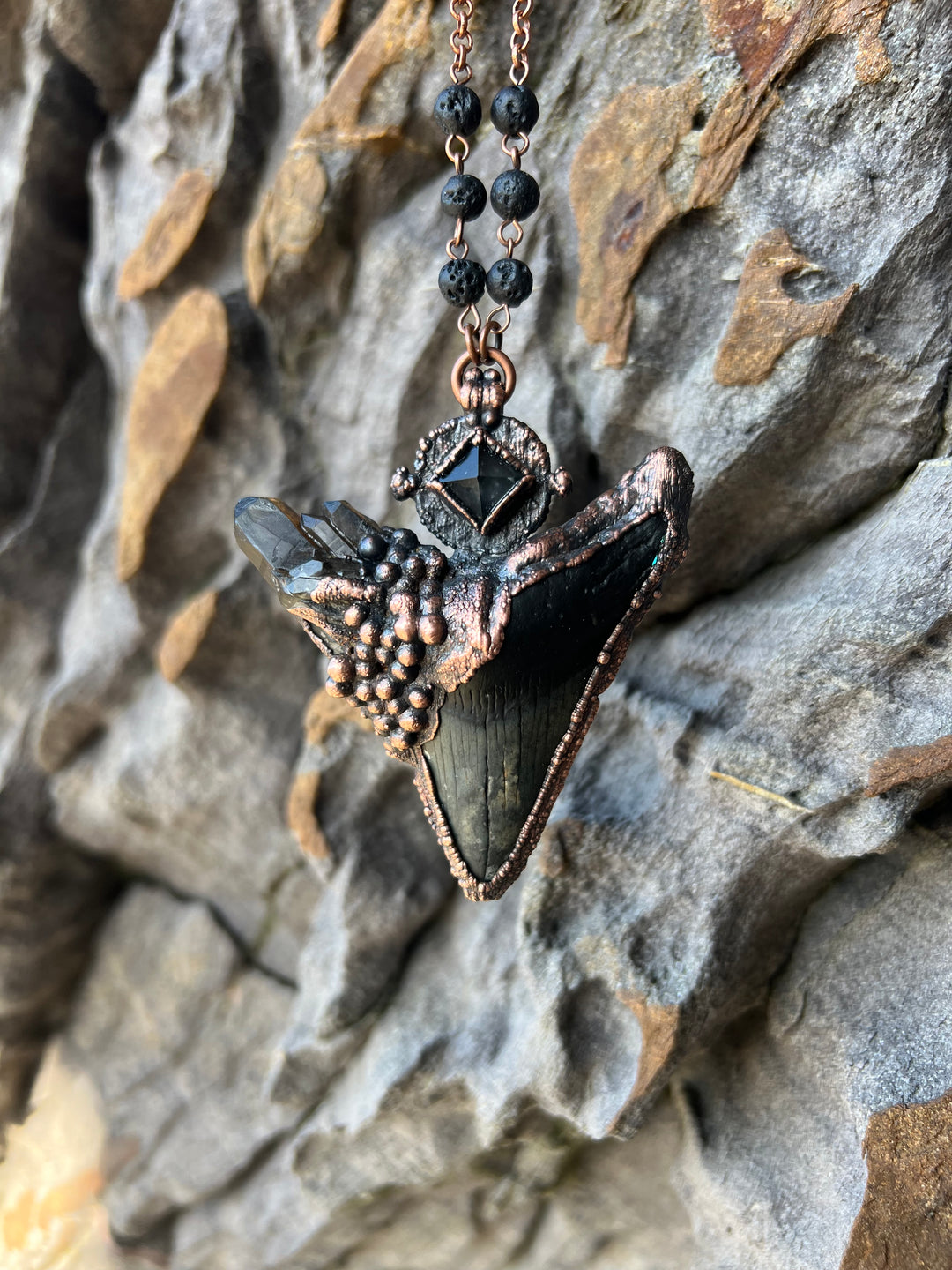 The Ancient Secrets Talisman // Megalodon Tooth, Smokey Quartz & Clear Quartz